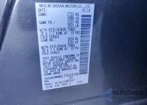2014 Nissan Pathfinder S z USA, uszkodzony, nr VIN 5N1AR2MN8EC703536